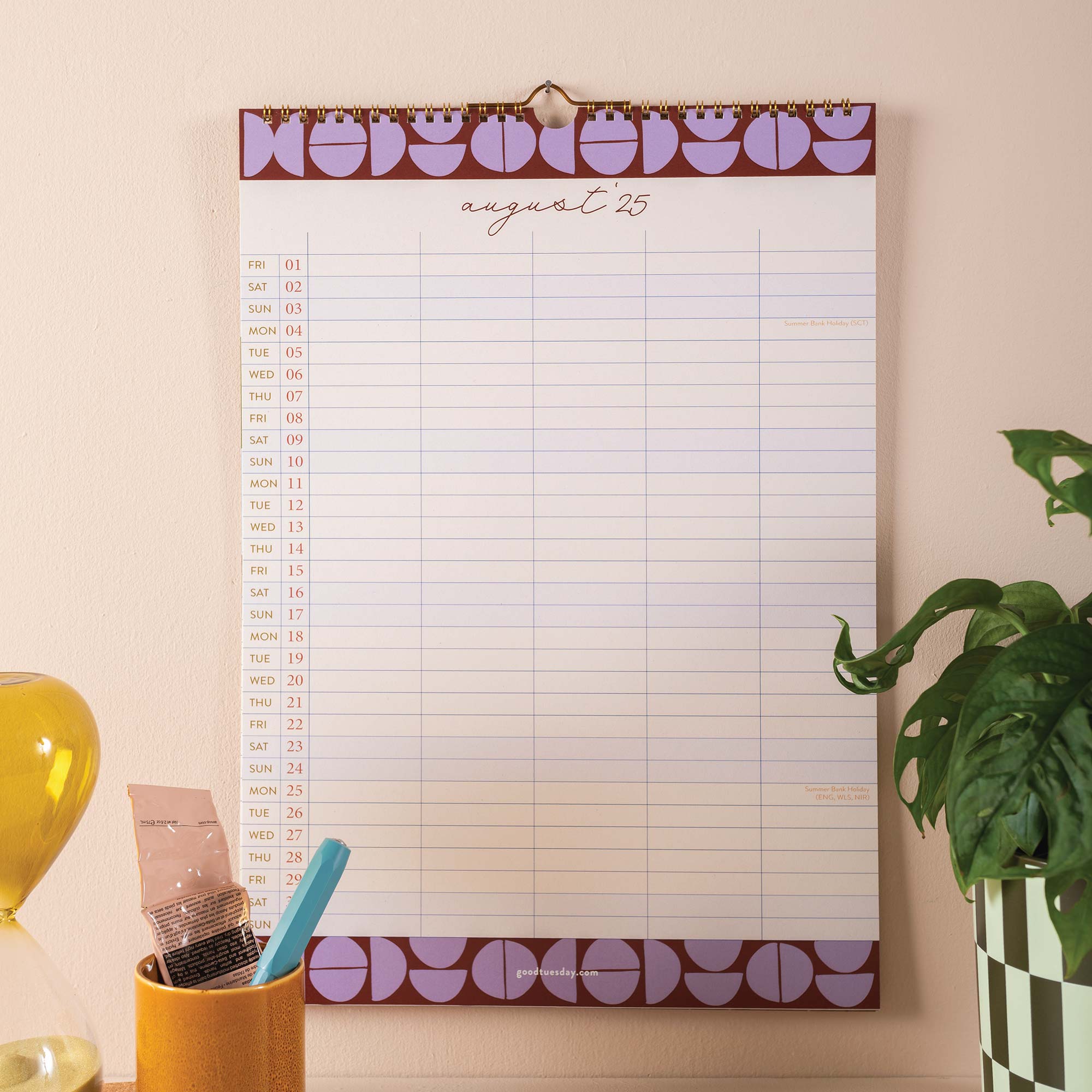 Inside view of 5-column family calendar layout for August 2025