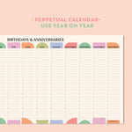 A detailed view of a pastel "Birthdays & Anniversaries" wall planner. The design shows individual days of the month with lines for writing.