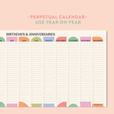 A detailed view of a pastel "Birthdays & Anniversaries" wall planner. The design shows individual days of the month with lines for writing.