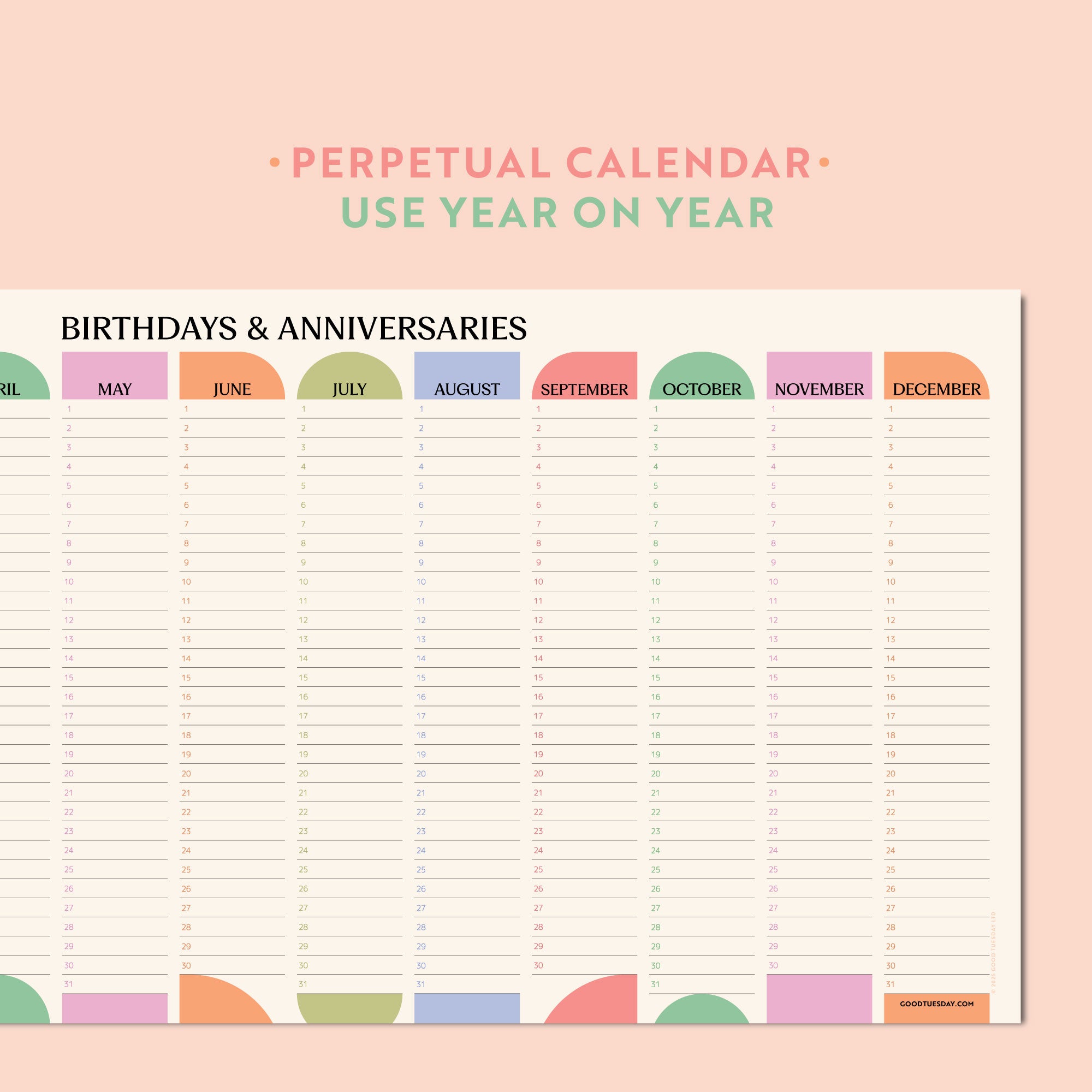 A detailed view of a pastel "Birthdays & Anniversaries" wall planner. The design shows individual days of the month with lines for writing.