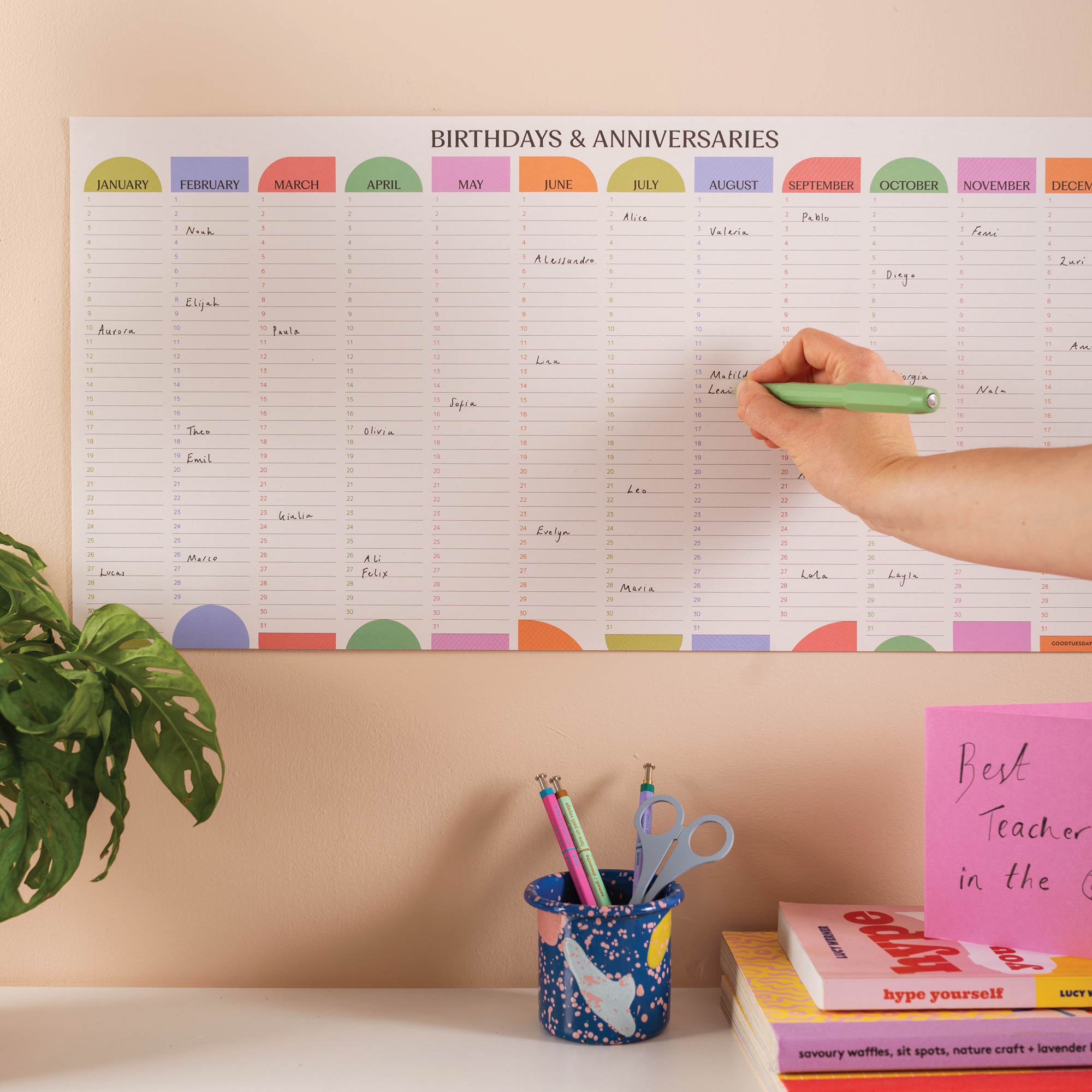 60 x 30cm wall planner, for birthdays and anniversaries, year view, bright colours and playful shapes