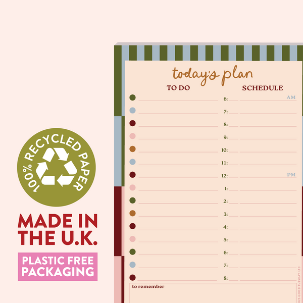 Planner with 'Today's Plan' layout, recycled paper label, and 'Made in the U.K.'