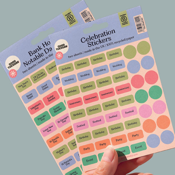 Pack of colorful celebration stickers. 100% Recycled Paper. Bcorp Certified. 