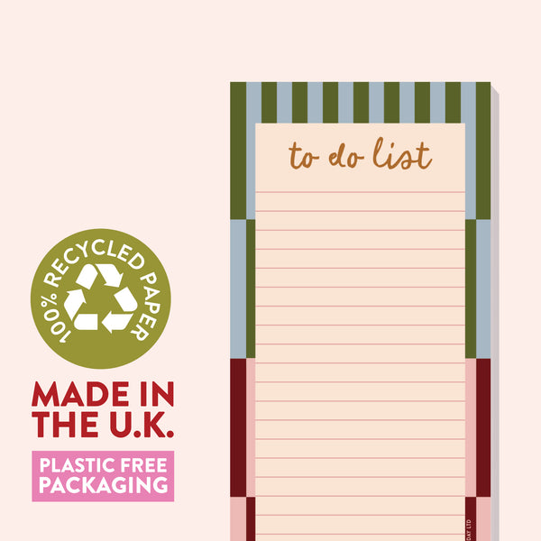 Notebook with 'to do list'. Featuring recycled paper and plastic-free packaging. Made in the UK. 