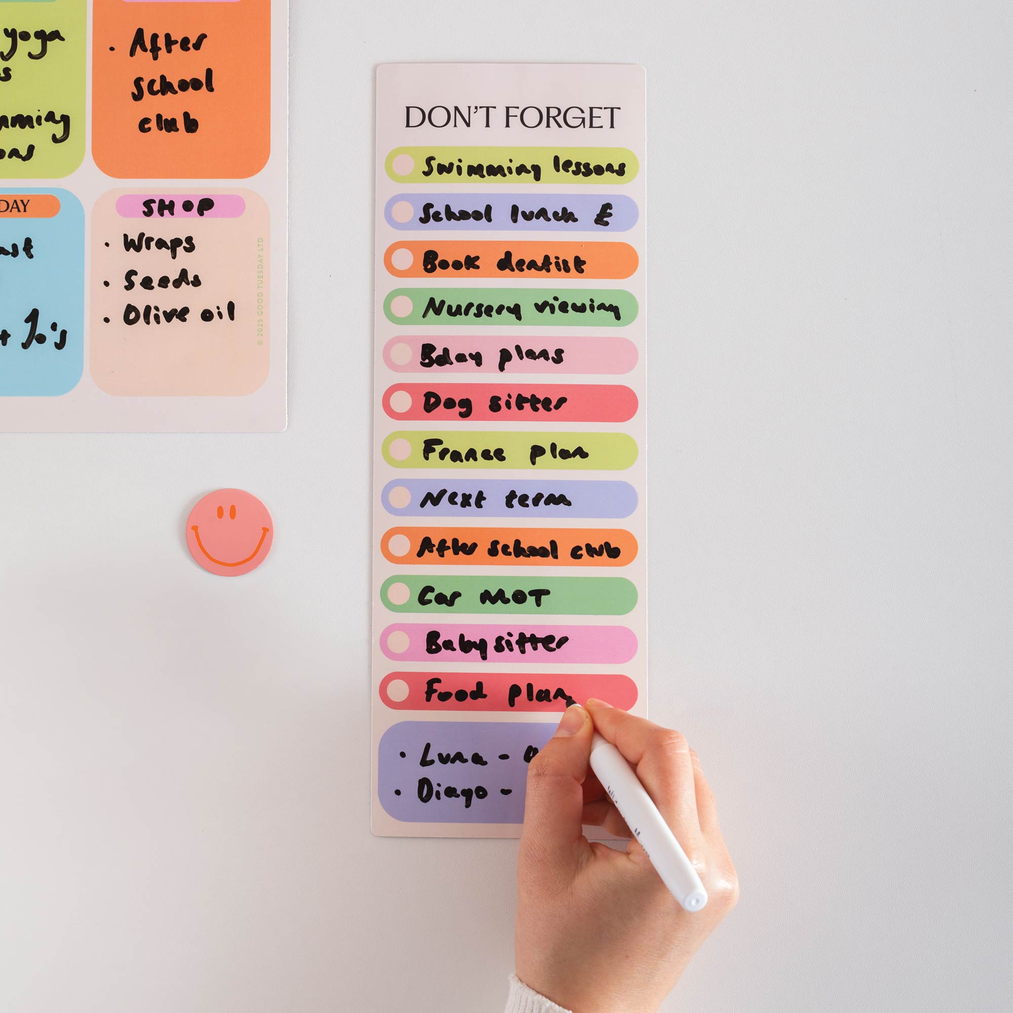 Good Tuesday's Don't Forget to do list. Magnetic Fridge planner, wipeable and reusable. Bright multicoloured design.