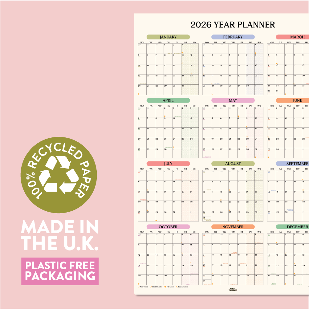2026 year planner with recycled paper. Made in the UK with plastic free packaging. 