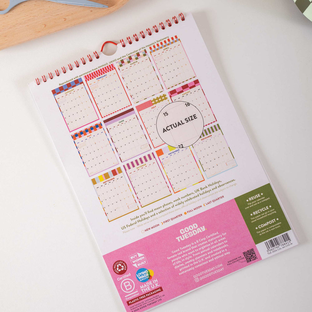 2026 wall calendar with red and pink striped and checkered design, Sunday start, 12 months January to December