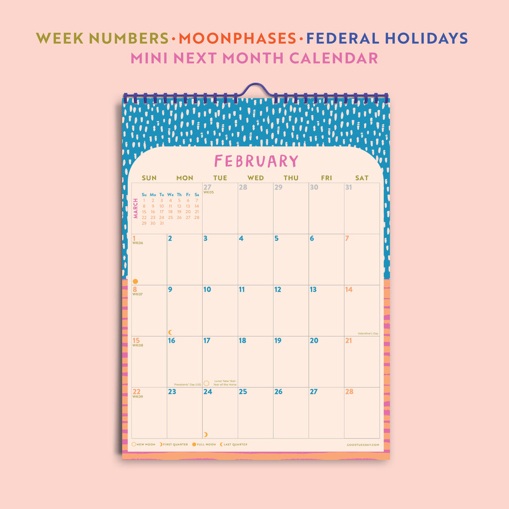 Monthly calendar view. Includes, week numbers, moon phases, federal holidays and a mini next month calendar. 
