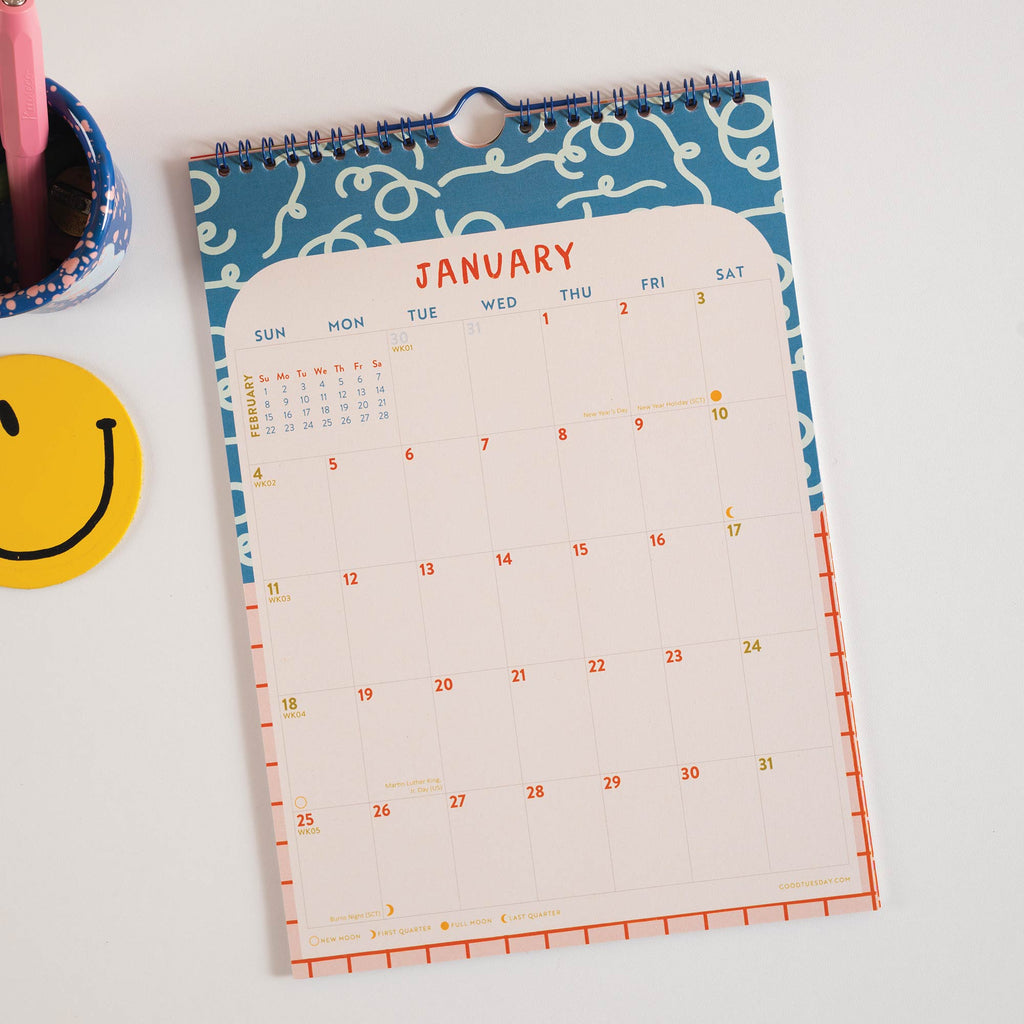 Good Tuesday's 2026 colourful and vibrant calendar. Made on Recycled paper and in the UK. January to December. Sunday Starts.