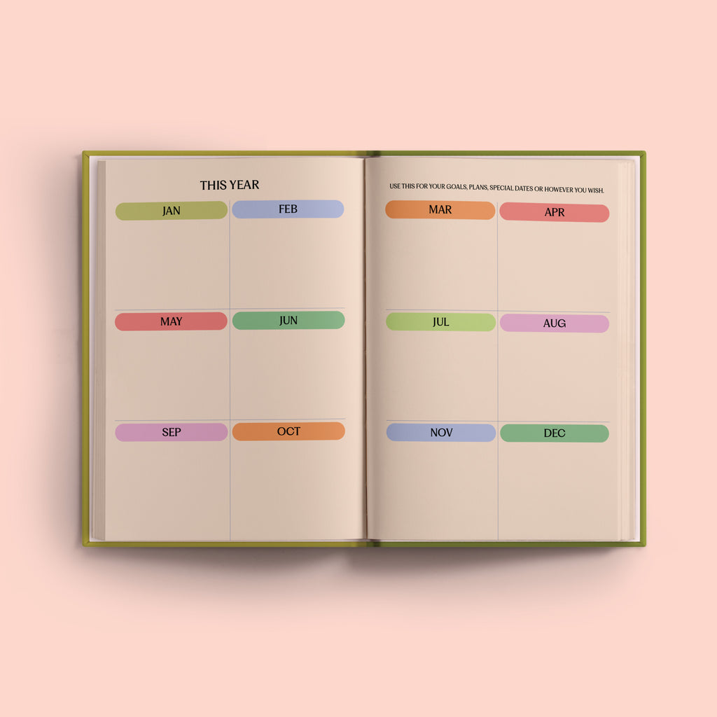 An open 2026 planner with a "THIS YEAR" section, featuring 12 rectangular boxes, one for each month, with colorful headers like "JAN," "FEB," and "MAR" for goals, plans, and special dates.