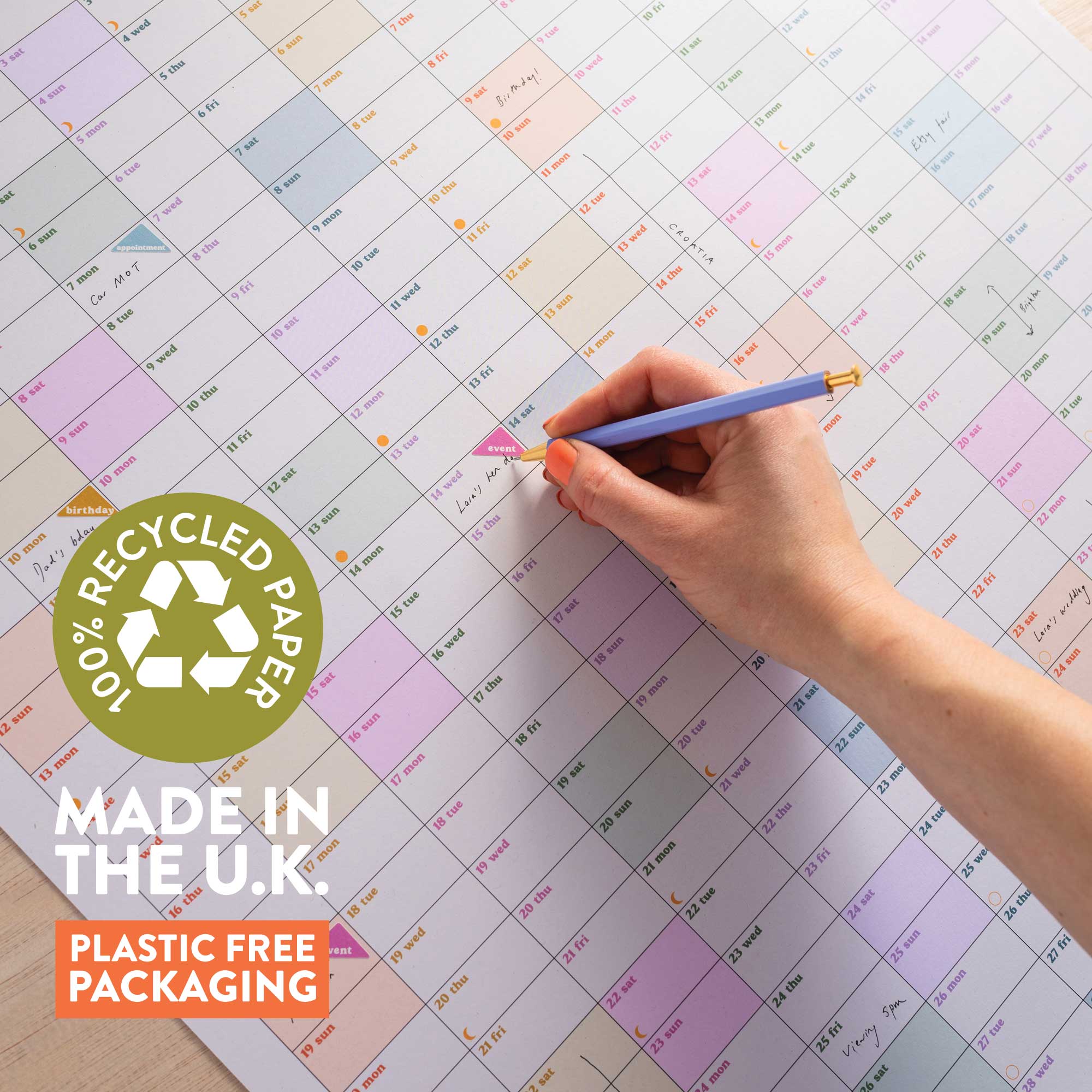 Colourful 2027 Calendar on recycled paper and plastic-free packaging.