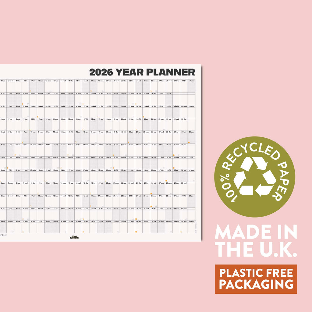 2026 black and white landscape wall planner. 100% Recycled paper, made in the UK and with plastic free packaging. 
