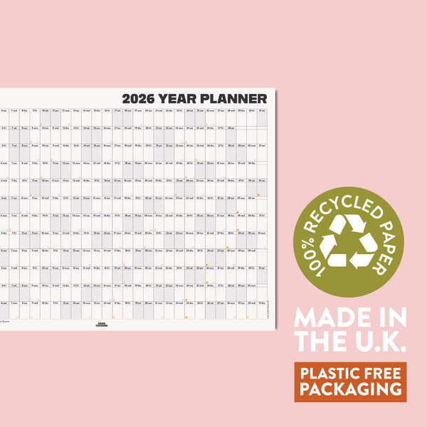 2026 black and white landscape wall planner. 100% Recycled paper, made in the UK and with plastic free packaging. 