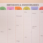 60 x 30cm wall planner, for birthdays and anniversaries, year view, bright colours and playful shapes