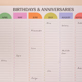 60 x 30cm wall planner, for birthdays and anniversaries, year view, bright colours and playful shapes