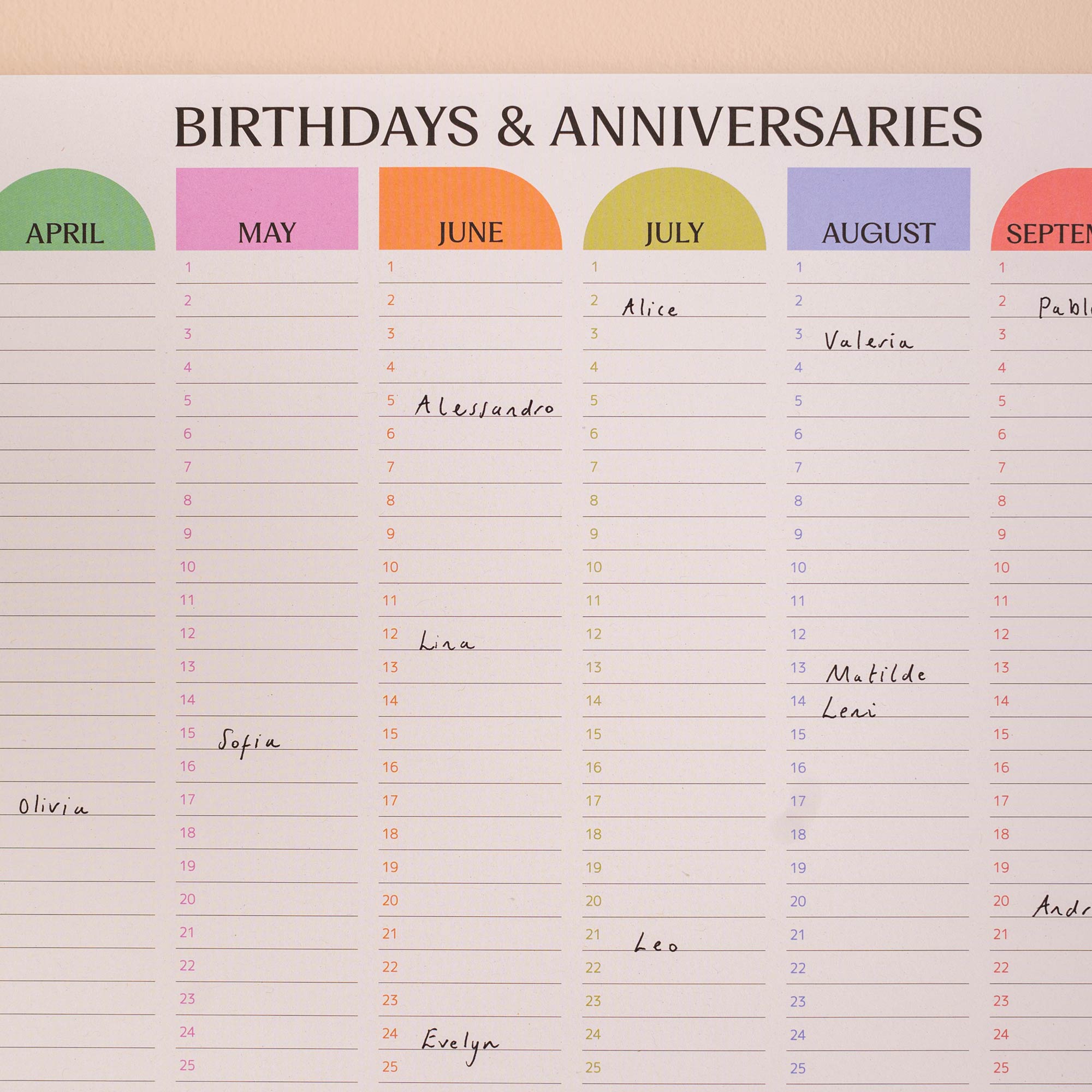 60 x 30cm wall planner, for birthdays and anniversaries, year view, bright colours and playful shapes