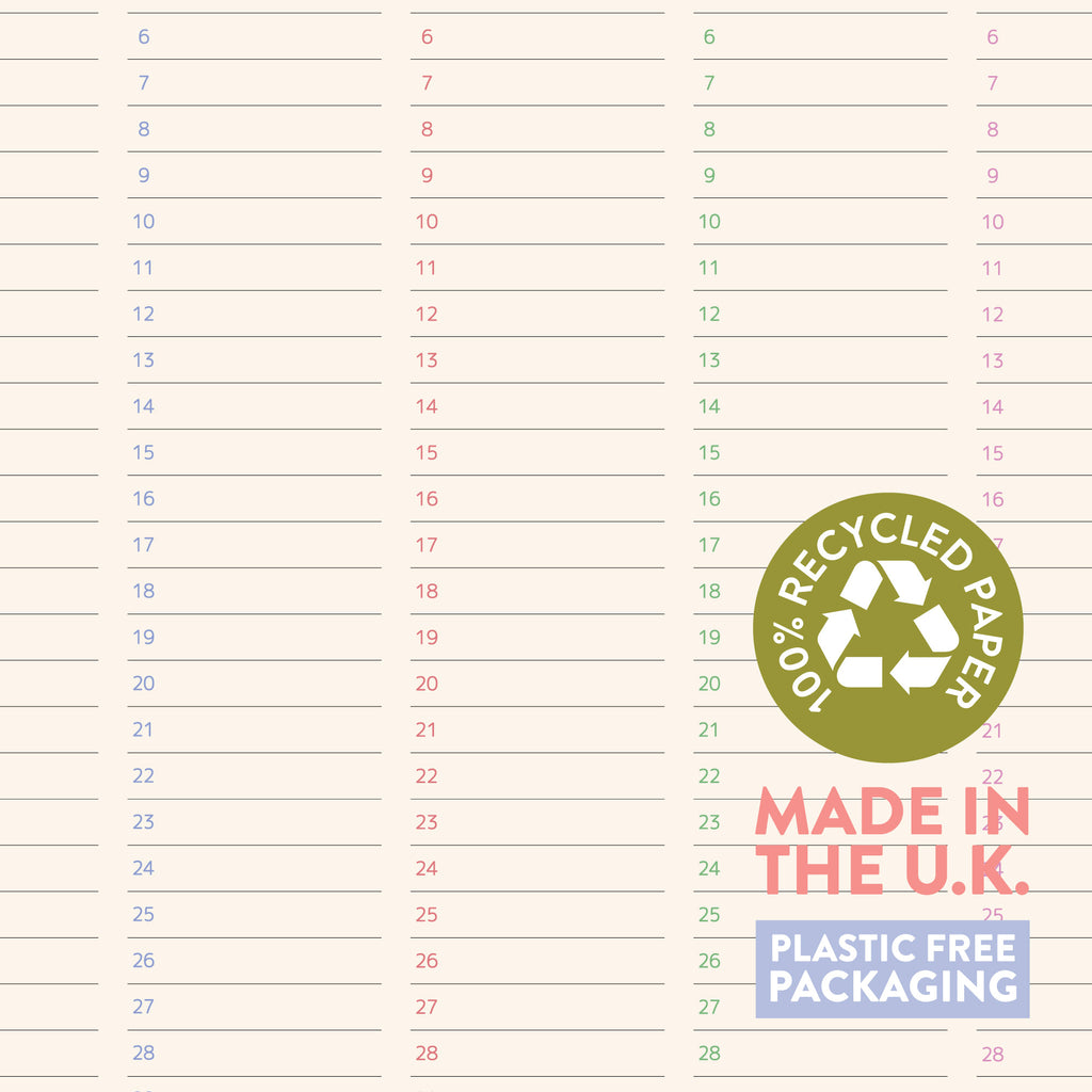 A close-up of the perpetual wall planner highlighting that it is printed in the UK on 100% recycled paper.
