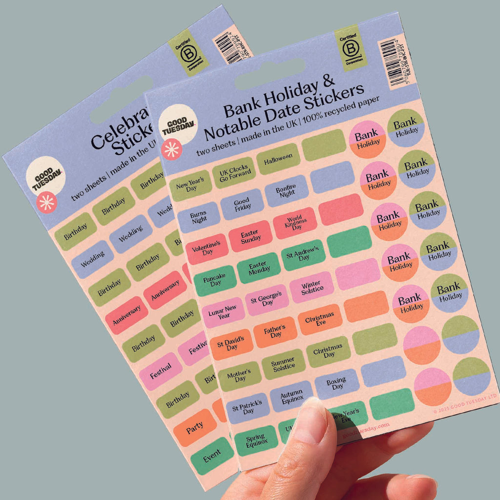 Sheet of colorful bank holiday and notable date stickers.