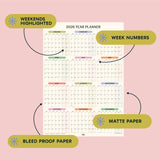 2026 year planner with highlighted weekends, week numbers, and matte paper.