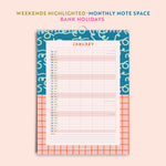 Monthly planner with weekends highlighted and bank holidays marked