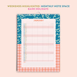 Monthly planner with weekends highlighted and bank holidays marked