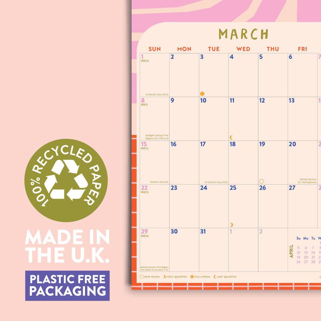 Calendar for March on a pink background with recycled paper and plastic-free packaging text.