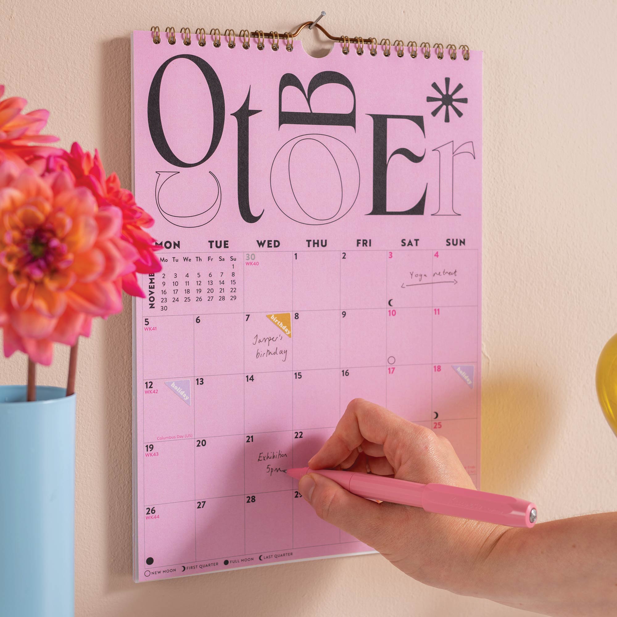 Good Tuesday's Pink calendar with 'October' 2026, Colorful. 100% recycled paper. Bcorp Certified.