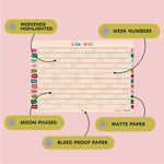 2026-2027 academic wall planner, landscape, bold colour design. Work Hard. Play Nice. Weekend highlights. Week numbers. Moon phases. Matte paper. Bleed proof.