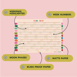 2026-2027 academic wall planner, landscape, bold colour design. Work Hard. Play Nice. Weekend highlights. Week numbers. Moon phases. Matte paper. Bleed proof.