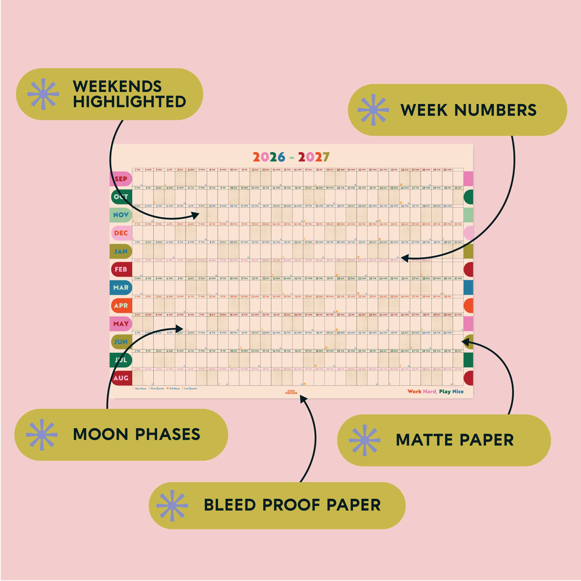 2026-2027 academic wall planner, landscape, bold colour design. Work Hard. Play Nice. Weekend highlights. Week numbers. Moon phases. Matte paper. Bleed proof.