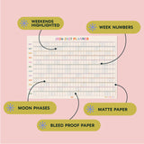 academic 2026 - 2027 year wall planner This is the year. portrait planner. 100% recycled paper, weekends highlighted, week numbers, moon phases, matt and bleed proof paper