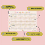 Your year in pastels wall planner, 2026-2027 academic year, pastel colours. Weekend highlights, week numbers, moon phases, matte paper, bleed proof paper