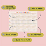Your year in pastels wall planner, 2026-2027 academic year, pastel colours. Weekend highlights, week numbers, moon phases, matte paper, bleed proof paper