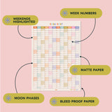 Pastel design academic wall planner, in portrait. 2026-2027 year. Weekend highlights, week numbers, matt paper, bleed proof, moon phases.