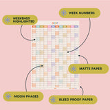 2027 Portrait Wall Planner by Good Tuesday, in Pastel colours, moon phases, highlighted weekends, week numbers, matt and bleed proof paper