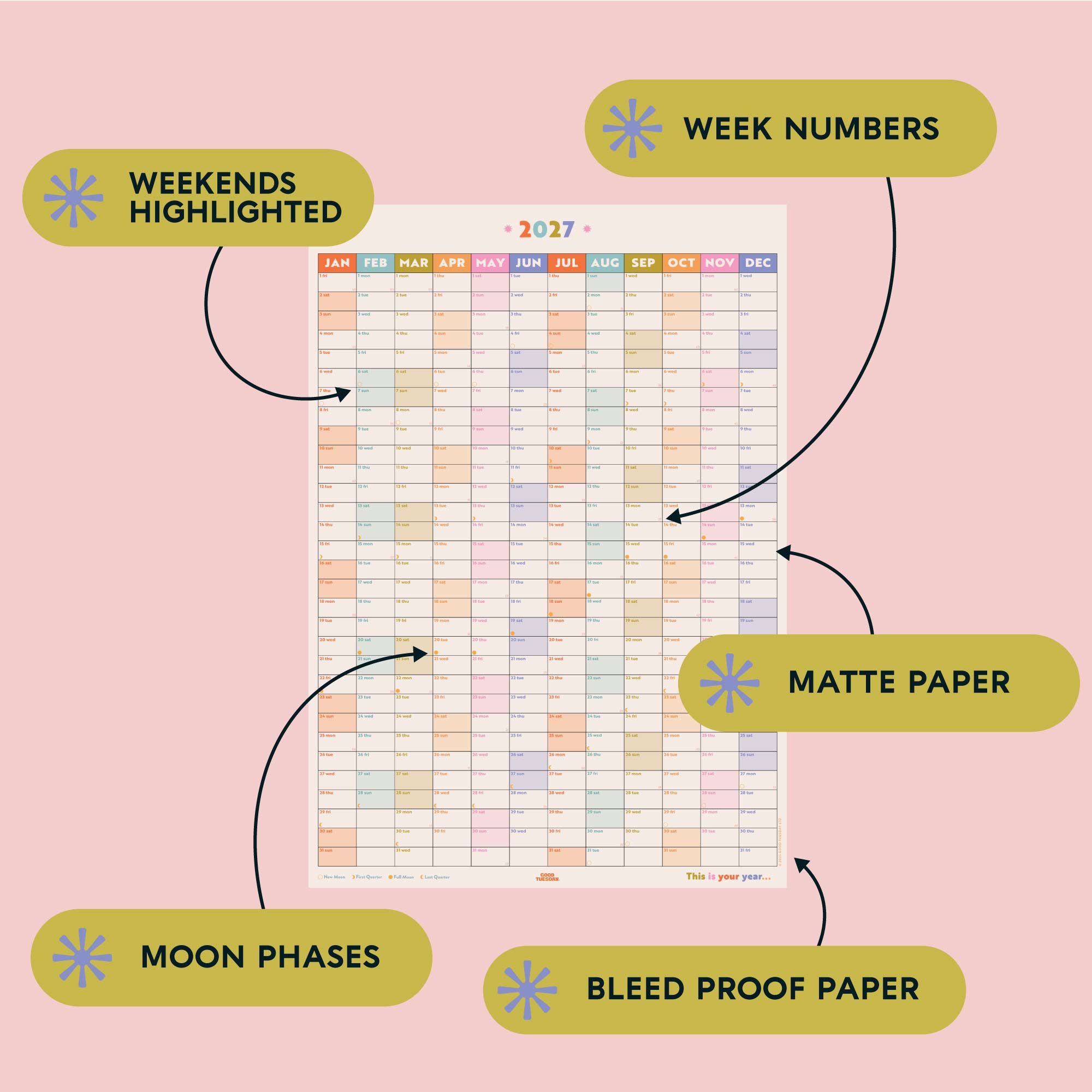2027 Portrait Wall Planner by Good Tuesday, in Pastel colours, moon phases, highlighted weekends, week numbers, matt and bleed proof paper