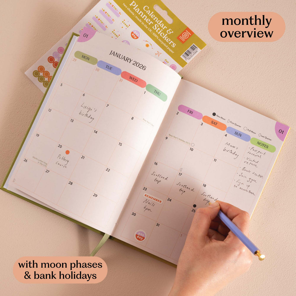 Green Matcha 2026 Diary. With a monthly overview section, plus Moonphases and Bank Holidays. 