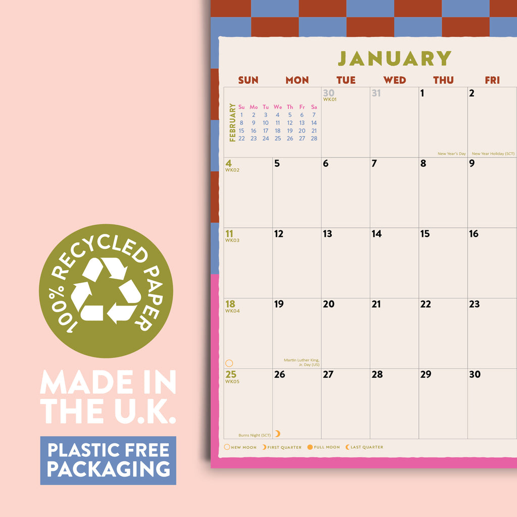 2026 Calendar on recycled paper and made in the UK. Plastic free packaging. 