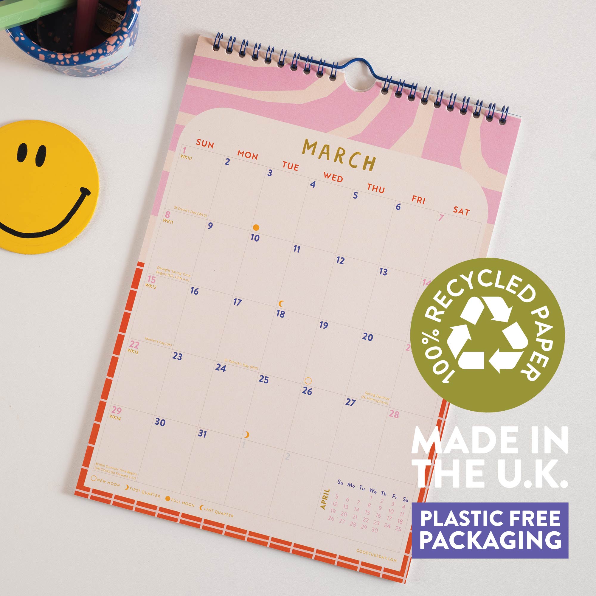 Good Tuesday's 2026 colourful and vibrant calendar. Made on Recycled paper and in the UK. January to December. Sunday Starts.