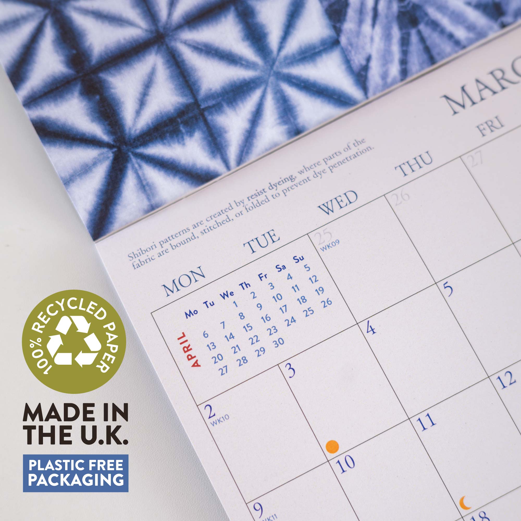 2026 Japanese Shibori pattern Calendar with recycled paper and plastic-free packaging.