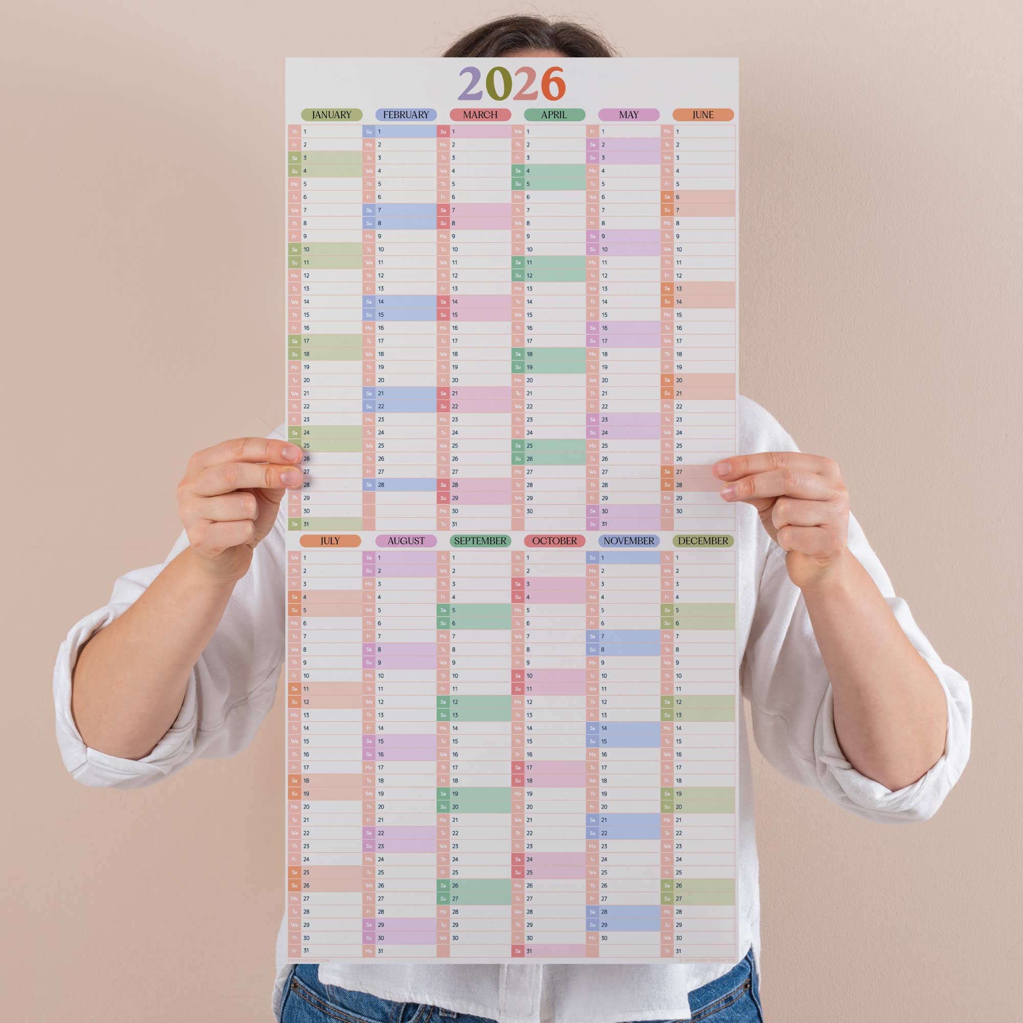 Good Tuesday, compact portrait 2026 wall planner, year view, in pastel colours 