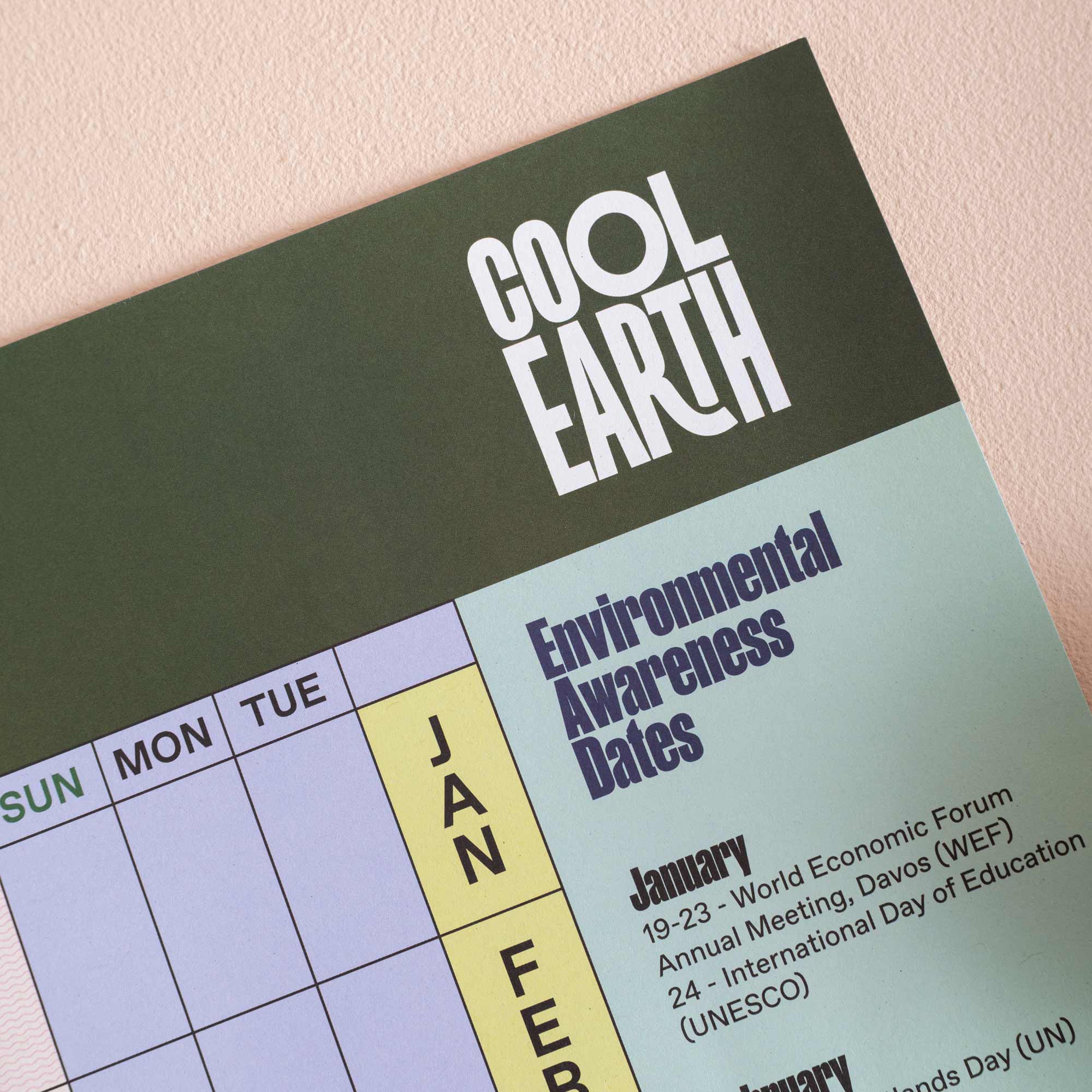 2026 Year Planner for Climate Action by with Cool Earth logo and Good Tuesday. List of key environmental dates.