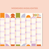A vibrant 2026 wall planner. Weekends are clearly distinguished by a darker background colour.
