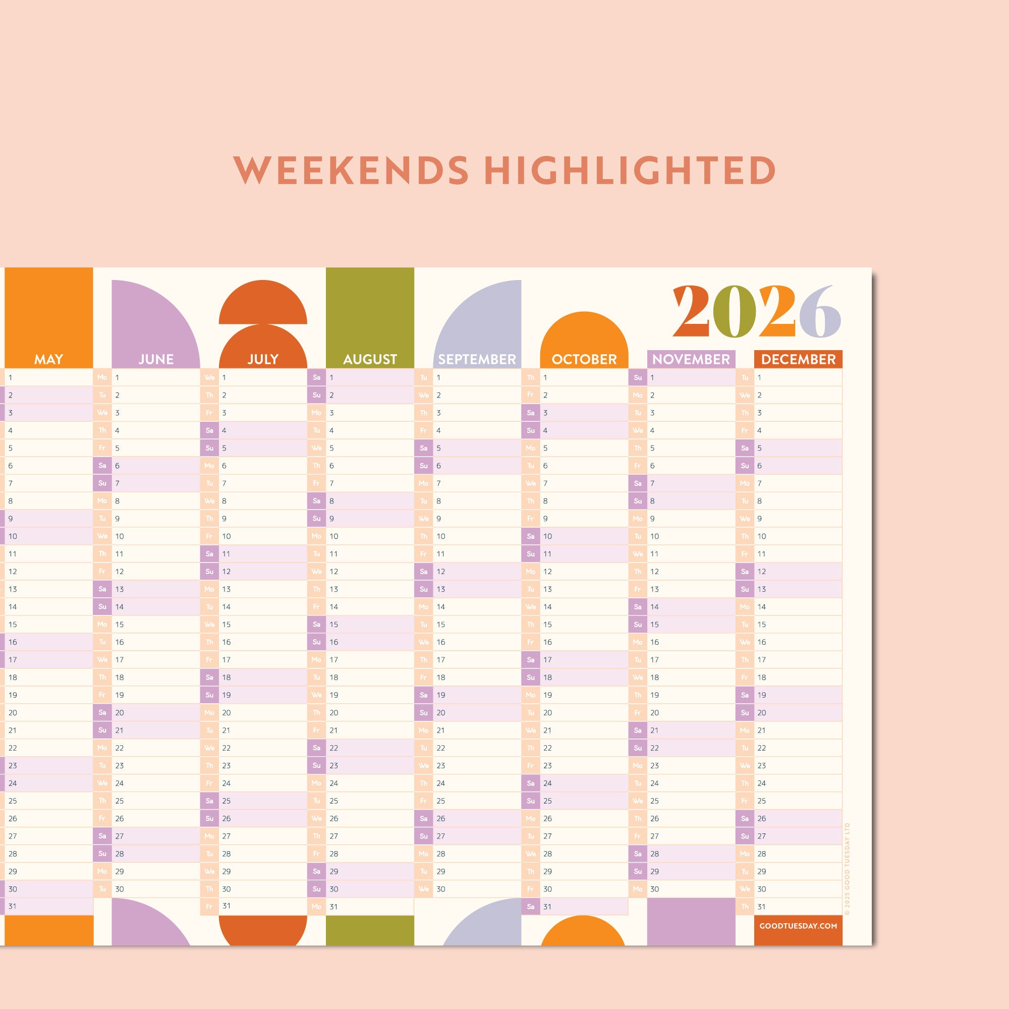 A vibrant 2026 wall planner. Weekends are clearly distinguished by a darker background colour.