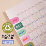 2026-2027 academic wall planner, landscape, bold colour design. Work Hard. Play Nice. 100% Recycled paper. Made in the UK. Plastic Free packaging. 