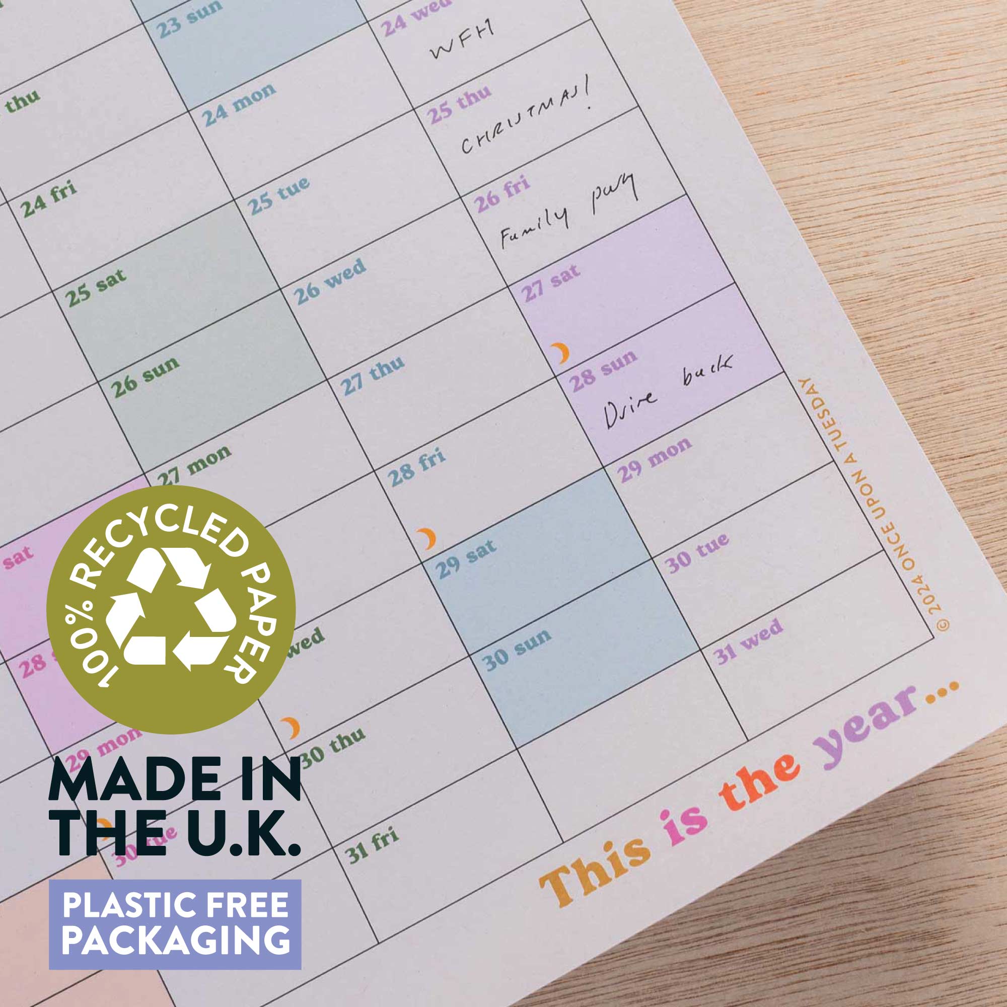 academic 2026 - 2027 year wall planner This is the year. portrait planner. 100% recycled paper, Made in UK, plastic free packaging