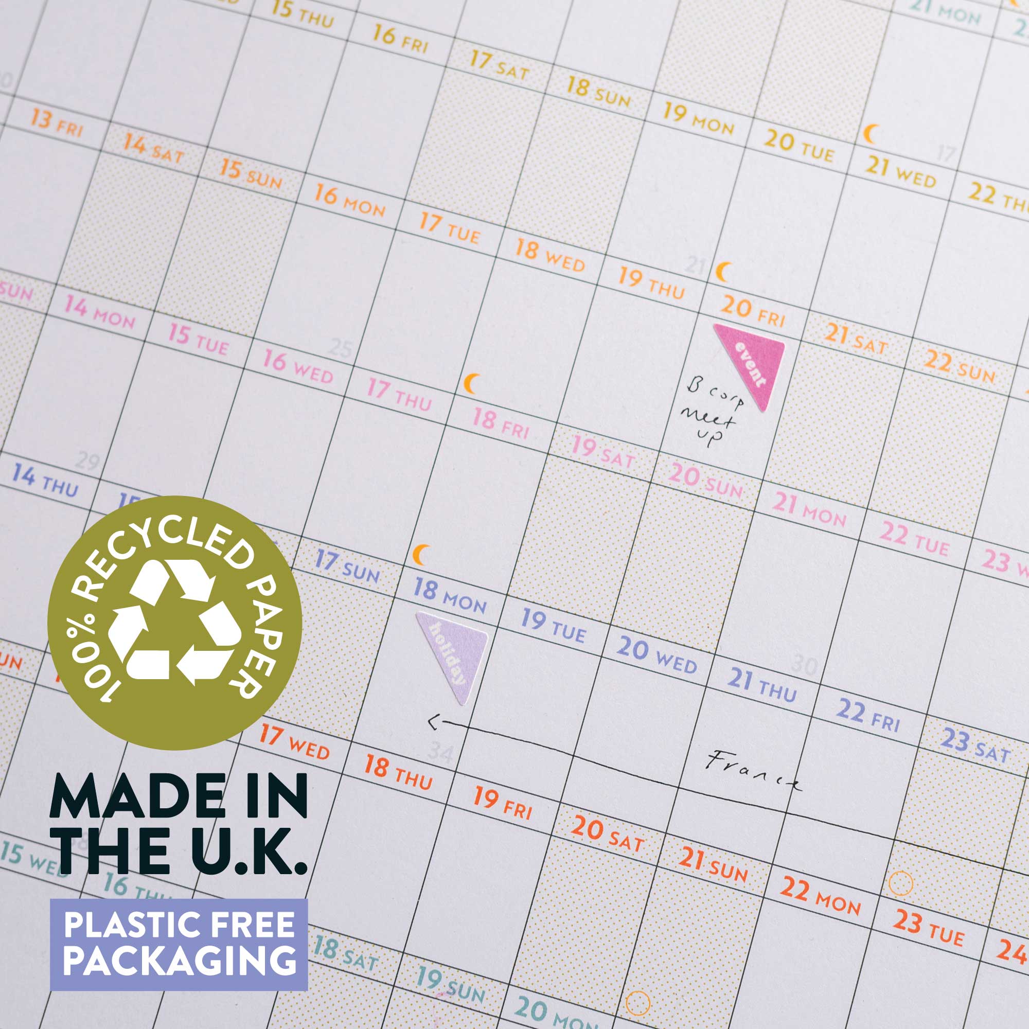 Your year in pastels wall planner, 2026-2027 academic year, pastel colours. 100% recycled paper, made in UK, Plastic Free Packaging