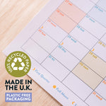 Pastel design academic wall planner, in portrait. 2026-2027 year. 100% recycled paper, made in the UK, plastic free packaging. 