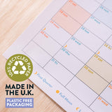 Pastel design academic wall planner, in portrait. 2026-2027 year. 100% recycled paper, made in the UK, plastic free packaging. 