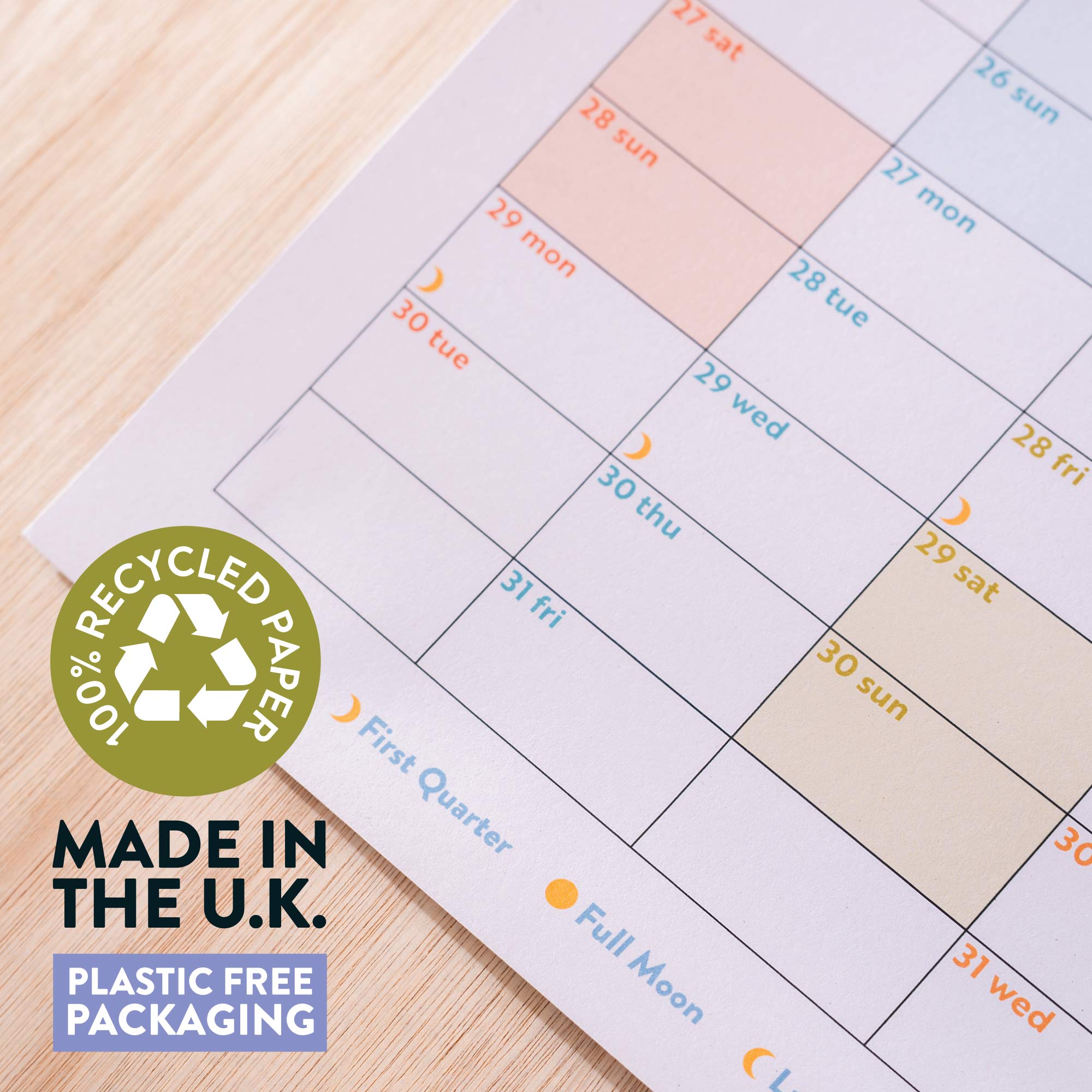 Pastel design academic wall planner, in portrait. 2026-2027 year. 100% recycled paper, made in the UK, plastic free packaging. 